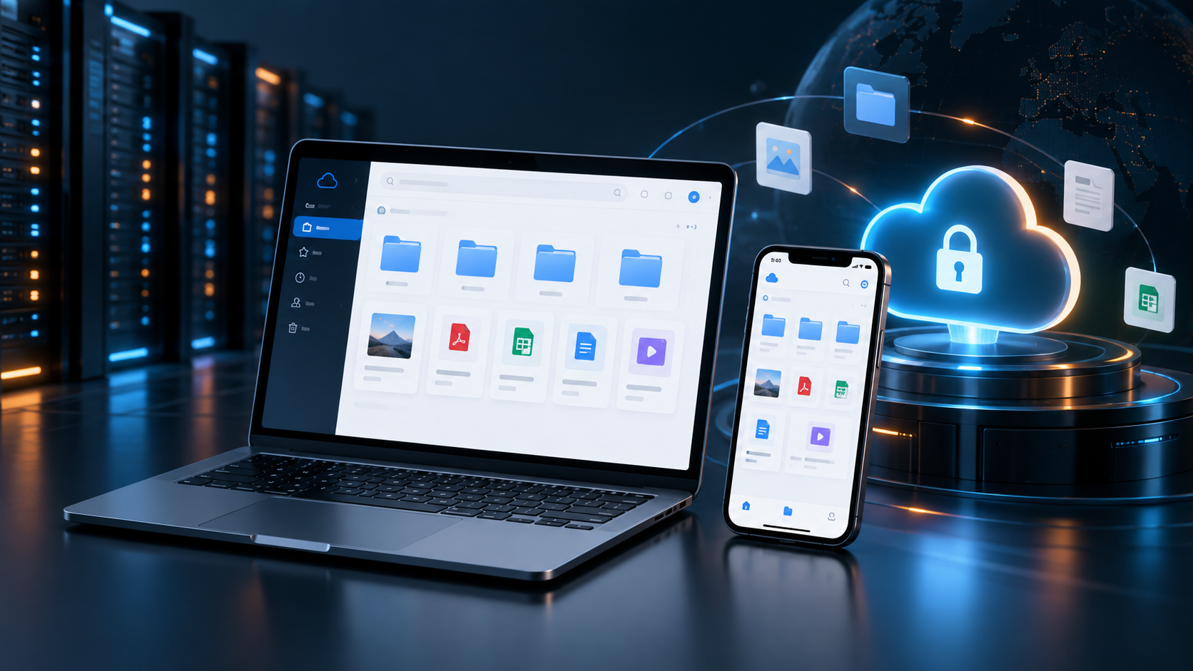 Nube privada WBHost con archivos sincronizados en laptop, movil y almacenamiento seguro